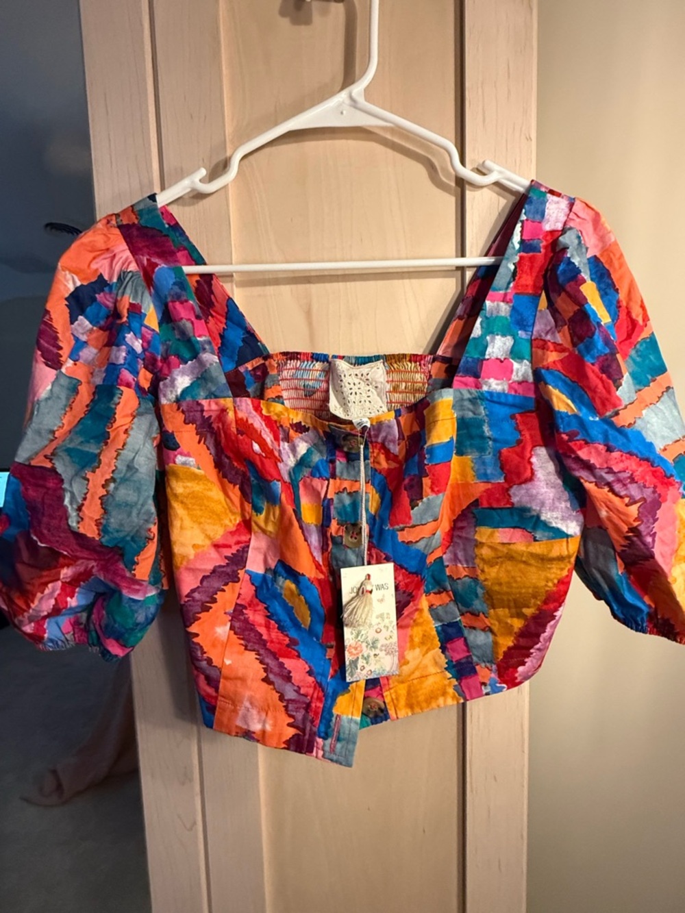 Johnny Was Multicolor Patchwork Puff-Sleeve Crop Top